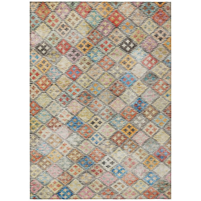 5' X 8' Terra Cotta Beige And Teal Blue Geometric Washable Indoor Outdoor Area Rug