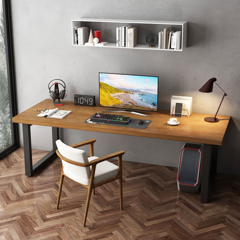 Brown+Black Rectangular Solid Wood+Steel desk, 29.53" H x 86.61" W x 31.5" D