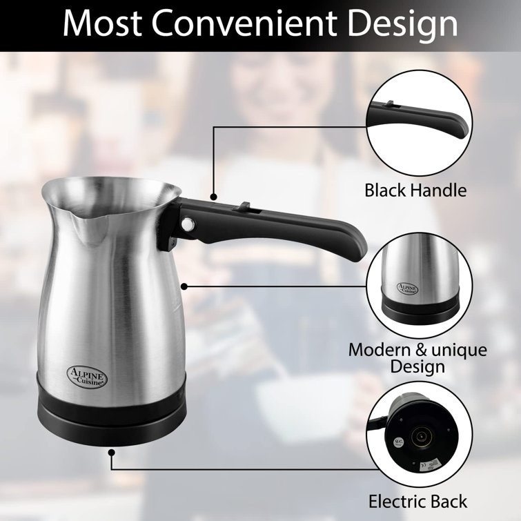 Alpine Cuisine Arabic, Greek, & Turkish Electric Coffee Maker Machine Pot  Warmer Kettle Premium Quality Stainless Steel 0.3 L, 4 Cup Capacity Cool  Touch Handle Cordless Base (Foldable Handle, Travel Size)