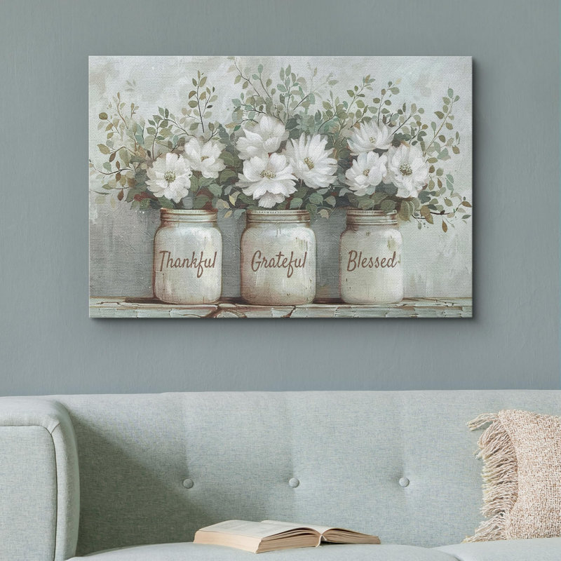 Thankful Grateful Blessed Inspirational Green Floral Rustic Mason Jar Large Canvas Print Wall Art, 16" H x 24" W