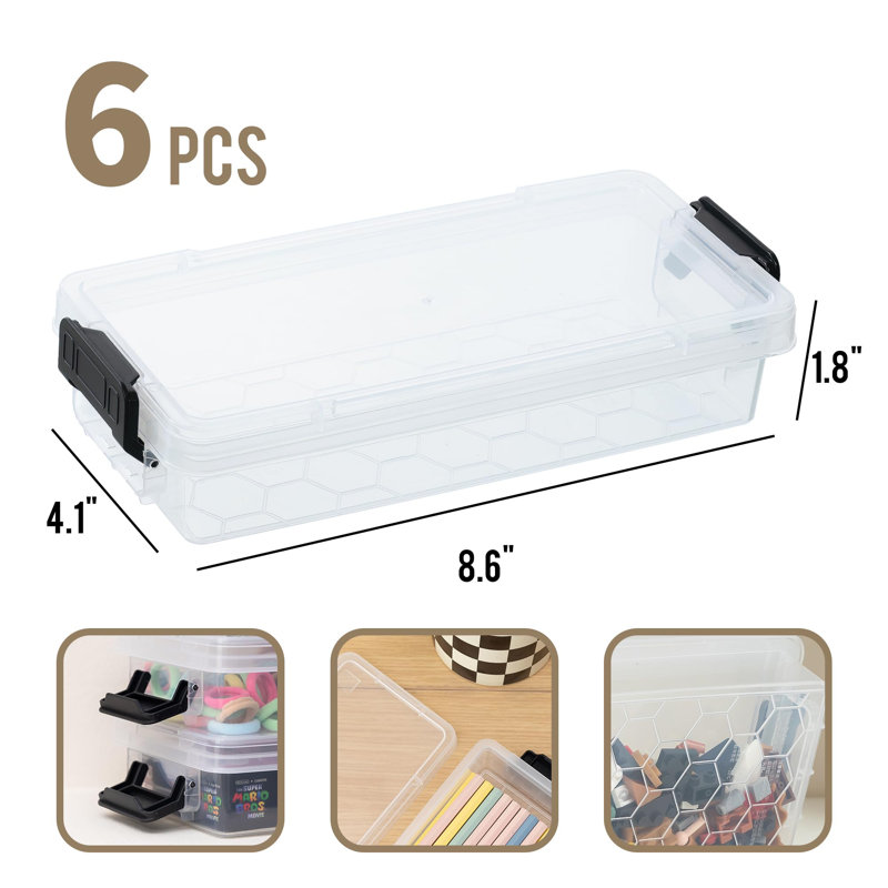 6 Pack Transparent Plastic Pencil Box With Locking Lid Stackable Office Supplies Storage Box