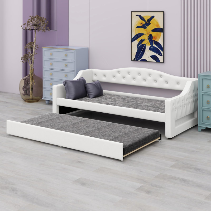Upholstered Daybed With LED Belt And Trundle, Beige