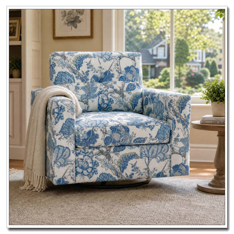 Fauteuil pivotant à 360 degrés à motif floral avec dossier capitonné, Tissu bleu