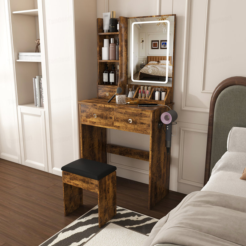 Small Vanity Desk ,featuring 3 modes of LED lighting with adjustable brightness, 3 drawers and multiple open storage shelves, a hair dryer holder and power socket,and a dressing chair