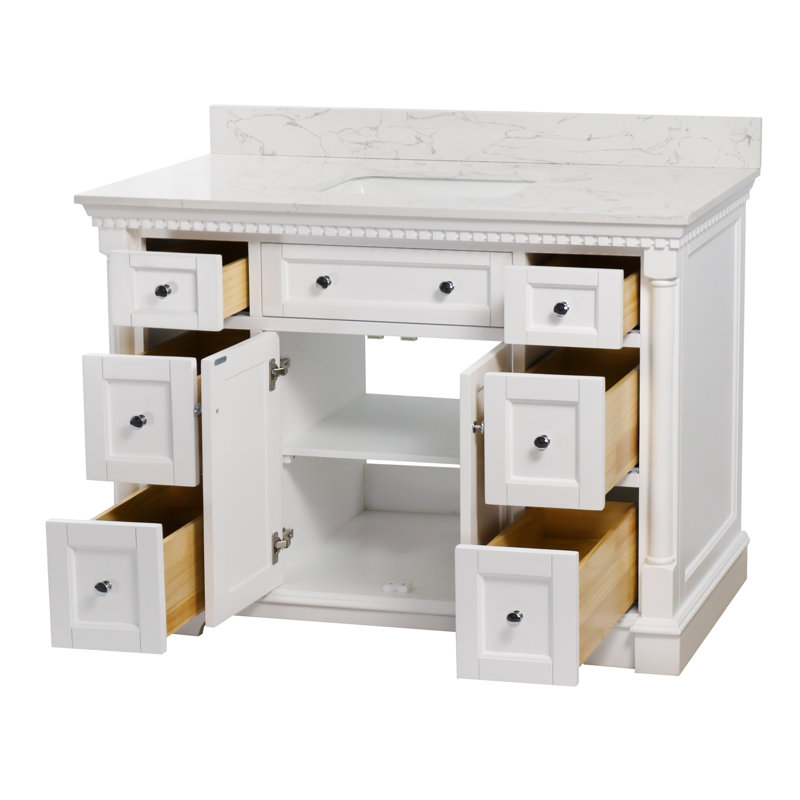 Ensemble de meuble-lavabo simple 48 po avec armoire blanche et comptoir en marbre, Blanc, Marbre d'ingénierie