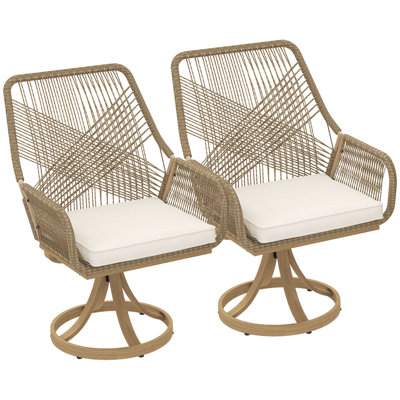 Outdoor Patio Swivel Chairs Set of 2, Rattan Patio Dining Chairs with Soft Cushions and Metal Frame for Backyard, Lawn, Porch or Garden, Khaki by Dovecove
