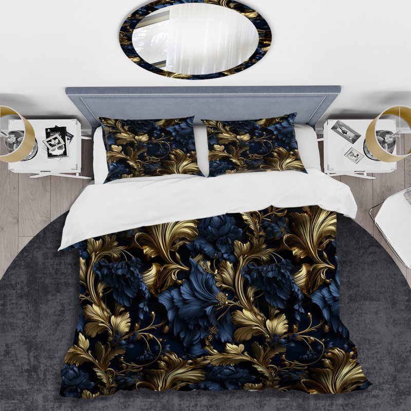 Literie à motif doré de cobalt avec motifs victoriens II, Housse de couette pour très grand lit et 2 très
