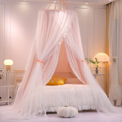 Rideau de lit à baldaquin rond double couche style princesse pour filles et adultes, moustiquaire de rêve pour enfants, décoration mignonne pour chambre, tente de jeu château, coin lecture (Dôme rose/blanc)