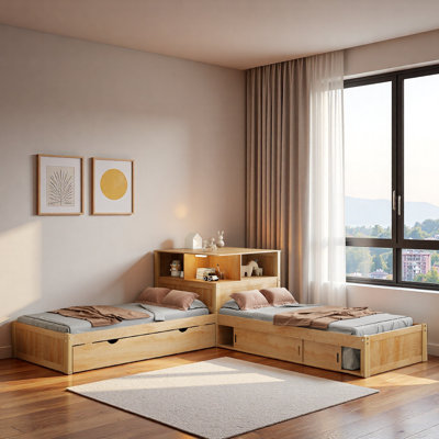 L-shaped Platform Bed With Storage Cabinets, Desk, Trundle And Led Light