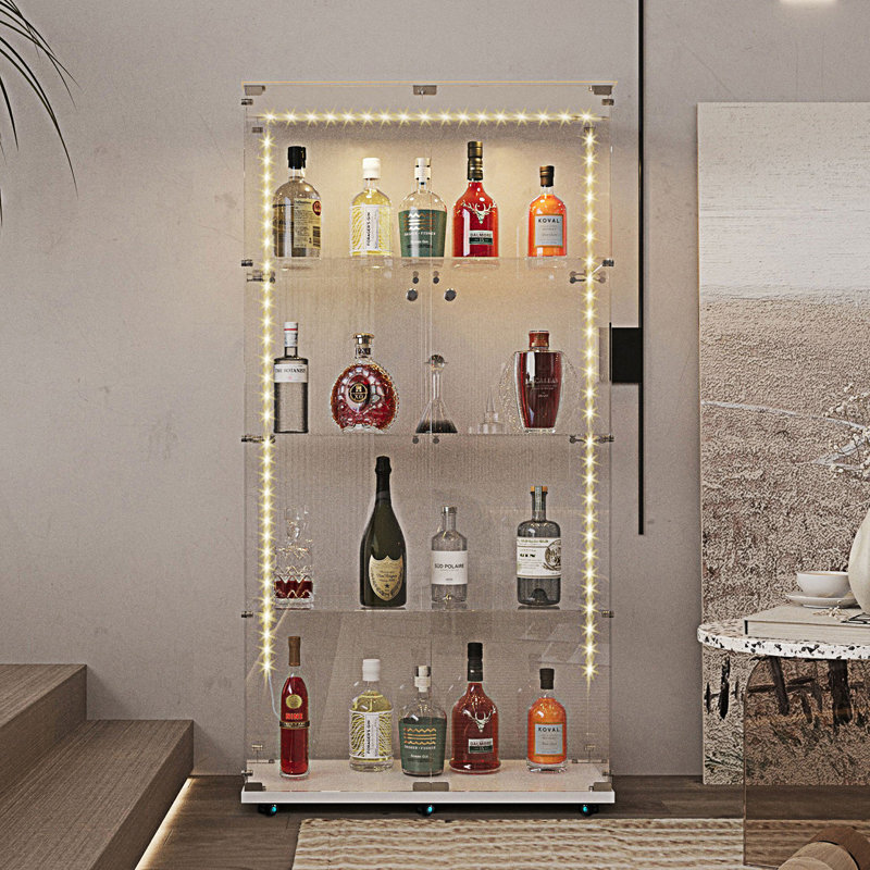Armoire décorative, armoire de rangement avec bande à DEL Bluetooth, vitrine en verre trempé, Blanc / transparent
