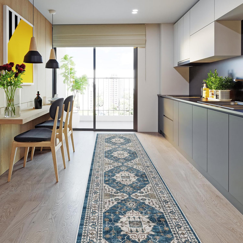 Hallway Washable Rug - Kitchen Rugs Entryway Rug Vintage Soft Floor Mat Non Slip Indoor Farmhouse Carpet for Bathroom Living Room Bedroom (Blue)