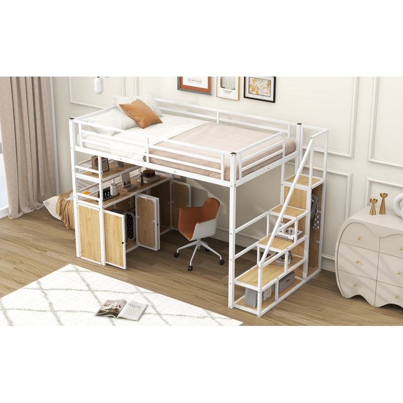  Lit mezzanine double en métal avec escalier de rangement, garde-robe intégrée, tablettes ouvertes et casiers, blanc, Blanc