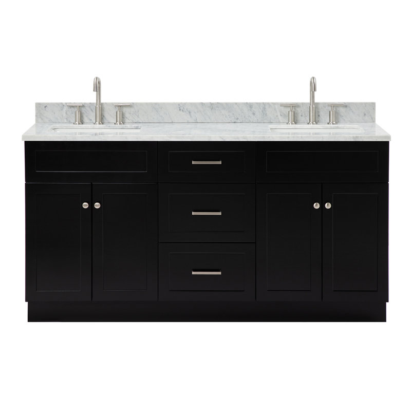 Partham Freestanding Standard 2 Double Vanity Bathroom Vanity With Carrara Marble Top, Rectangular, 67″, Black