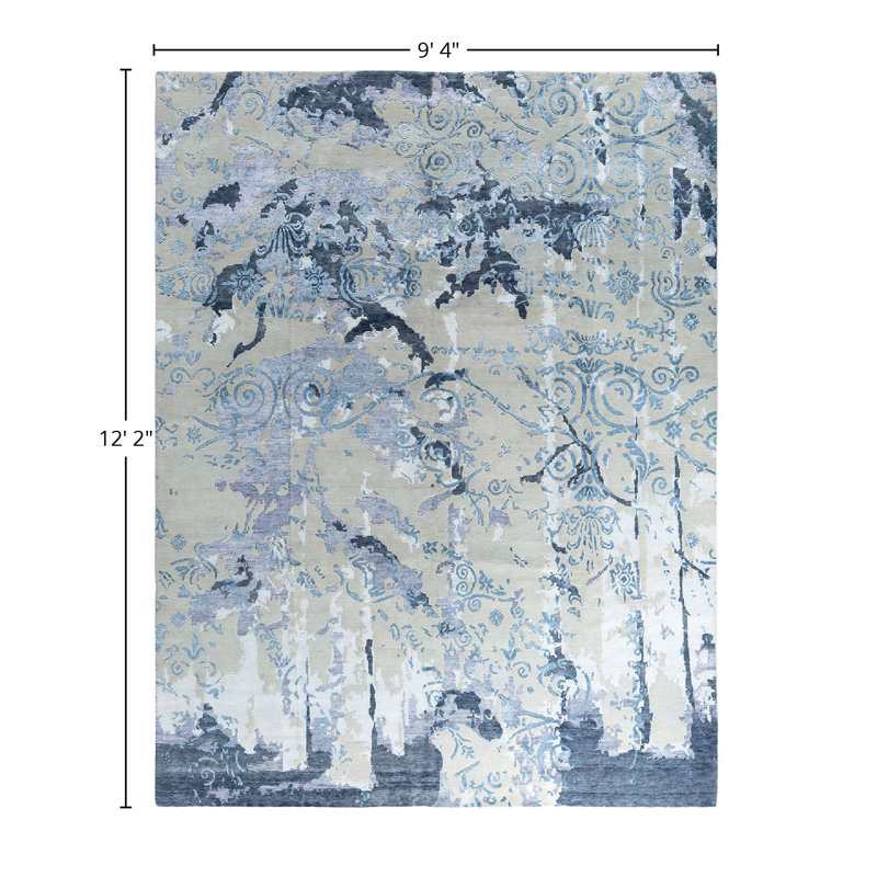 Modern Beige Hand-Knotted Wool and Silk Area Rug, 9' 4" x 12' 2"