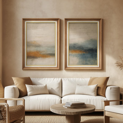 Coastal Mist Horizon Soft Blue and Sand – Set of 2 Premium Framed Wall Art Print on Paper 26"x36"