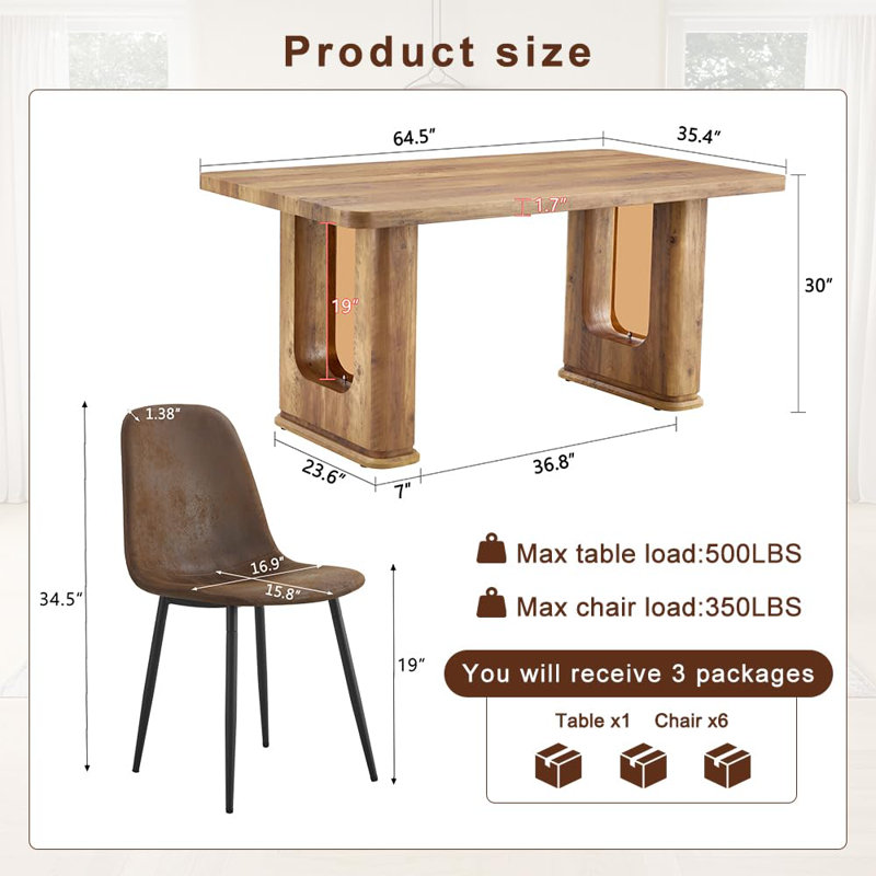 64.5" Dining Table Set for 6 ,Modern Farmhouse Dining Room Set with Decorative Pedestal Legs,  7 Pieces: Table, 6 Chairs