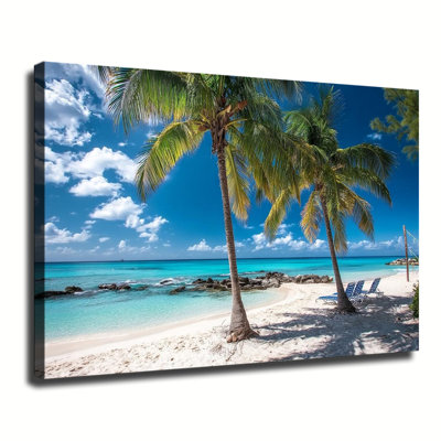 Palmiers sur une plage tropicale de sable blanc avec océan turquoise, grande reproduction d'art sur toile tendue pour salon, chambre à coucher