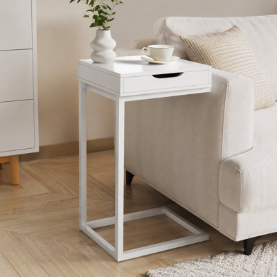 Table d'appoint, en forme de C, bout, côté, collation, tiroir de rangement, salon, chambre à coucher, stratifié blanc, métal blanc, contemporain, moderne