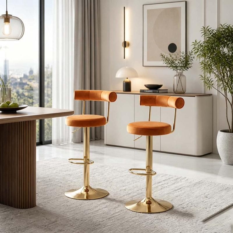 Chaise de bar pivotante rembourrée en velours doux, Orange rouillé + or