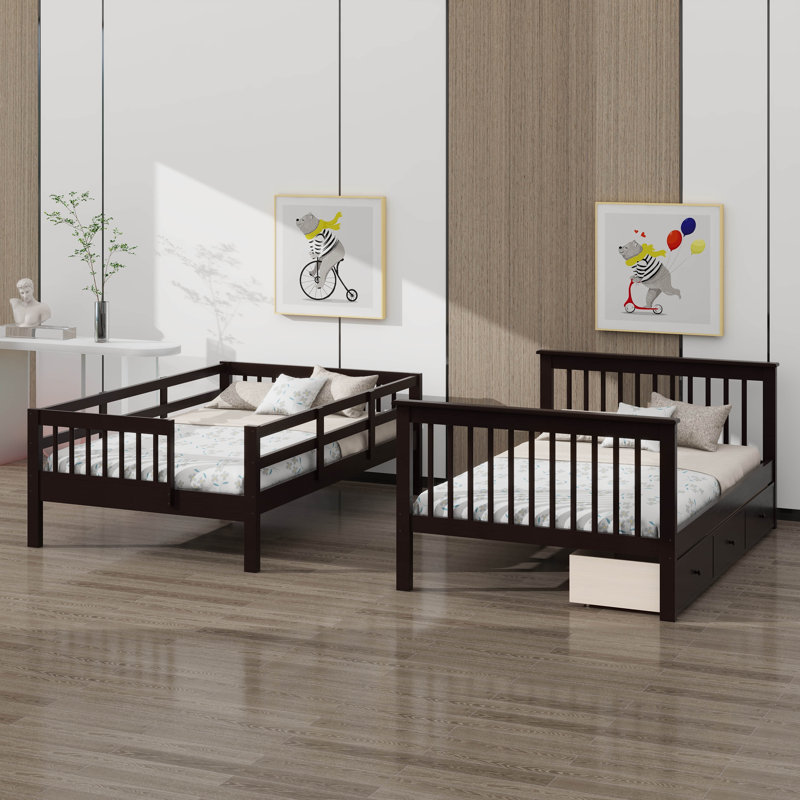 Full-Over-Full Bunk Bed With Stairway, Drawer, Storage, And Bed Guard Rail For Bedroom, Espresso