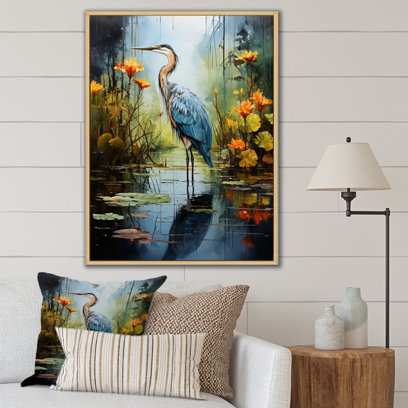 Décoration murale Lason Heron Silent Waters Pointillism I - Heron, Cadre flottant érable, H 32 po x l 16 po x P 1 po
