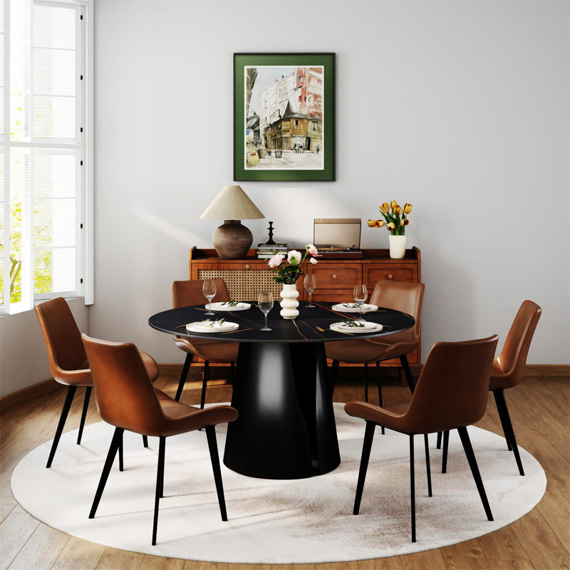 Table de salle à manger moderne 53,15 po en pierre artificielle ronde en acier au carbone noir pouvant accueillir 6 personnes avec 6 chaises