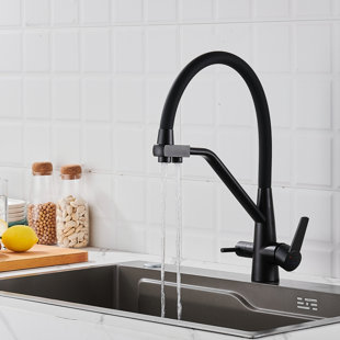 Robinet rétractable de cuisine Dennienova, buse en caoutchouc flexible, robinet mélangeur froid / chaud avec robinet purificateur, pivotant sur 360 °, facile à installer, adapté à toutes les cuisines, noir