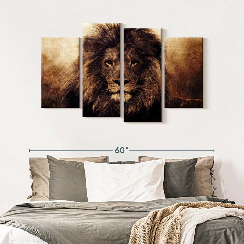 Tête de lion grunge sur toile 4 pièces, H 32 po x l 52 po x P 1,25 po