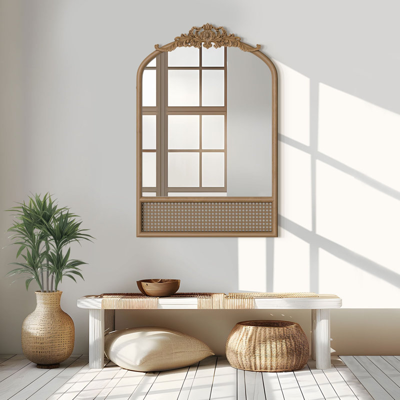 Cortia Arched Rattan and Wood Accent Mirror, 36" x 24"