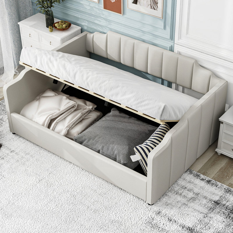 Lit de jour rembourré avec rangement inférieur, Beige