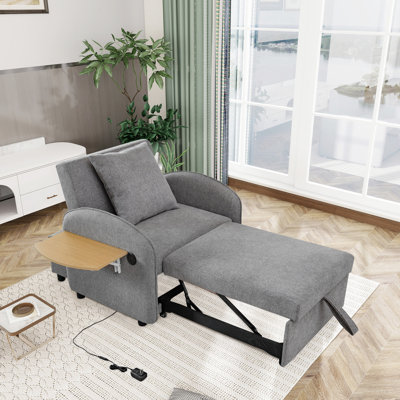Fauteuil lit simple convertible, bureau 3 en 1 gris avec bureau d'ordinateur pliable, charge, roulettes mobiles, panneau de lit escamotable en mousse haute densité, coussins moelleux pour une détente confortable