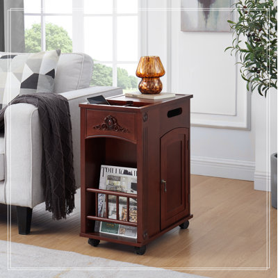 Table de bout électrique alimentée avec station de charge, table d'appoint étroite avec ports et prises USB, table de chevet avec rangement, tables de chevet avec roues pour le salon, la chambre à coucher, noyer rouge