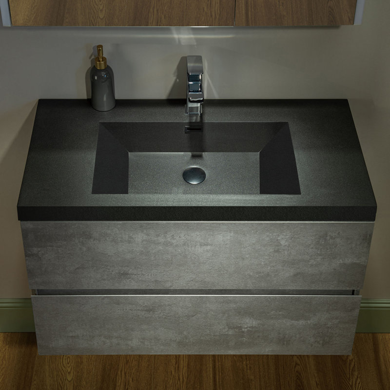 Vital 36" Wall Mounted Floating Bathroom Vanity in Gray with Quartz Vanity Top, 36", Black