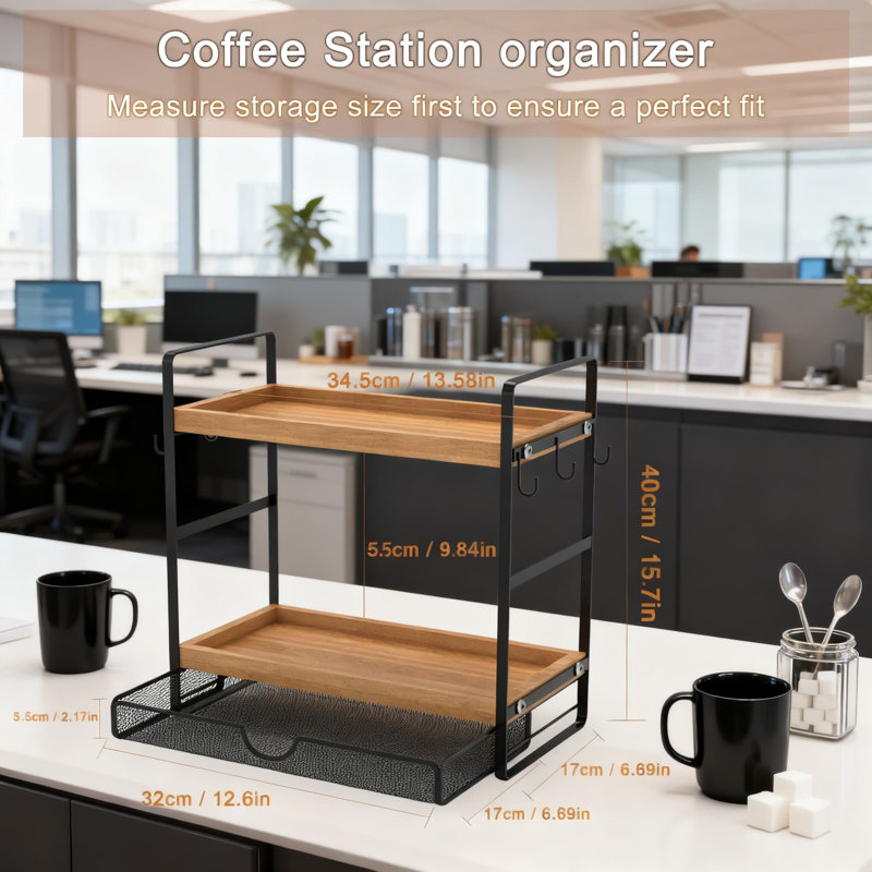Organisateur de station de café à 2 niveaux avec tiroir coulissant et support à dosette, organisateur de comptoir de cuisine pour accessoires de bar à café et rangement pour dosettes