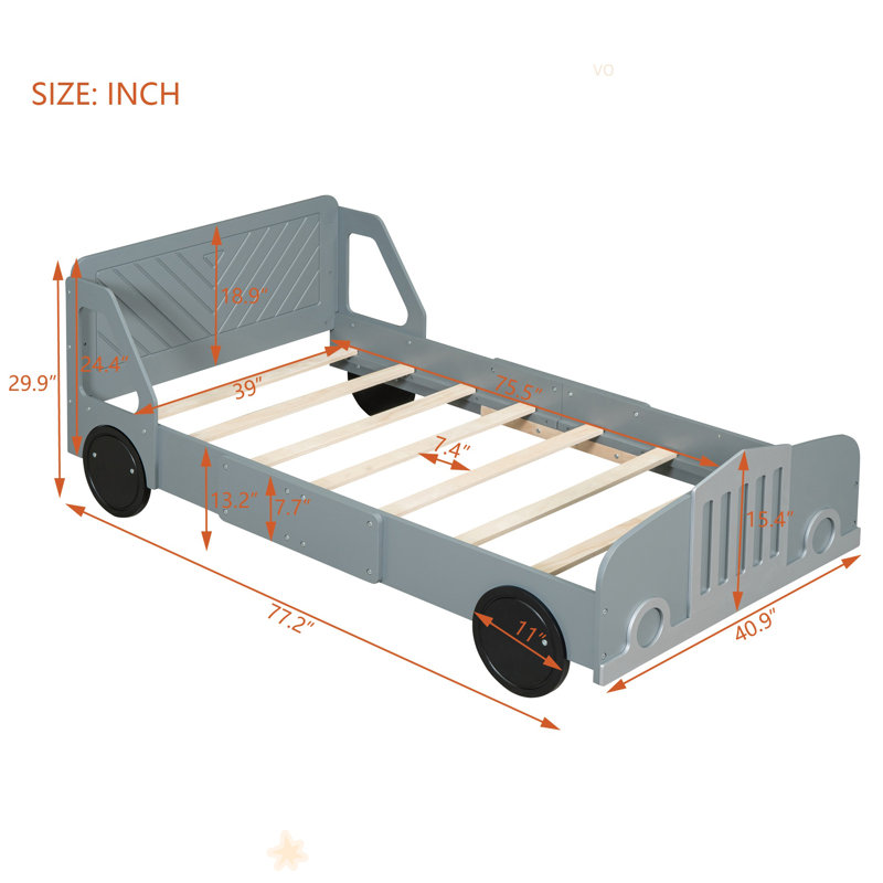 Lit plateforme en forme de voiture avec roulettes, Lit simple, Gris