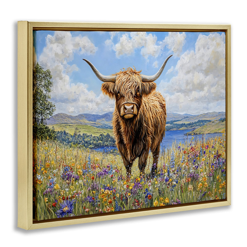 Art mural sur toile Highland C best in Summer Meadow Floater, conception par Franklyn Gregory, Cadre flottant gris lustré