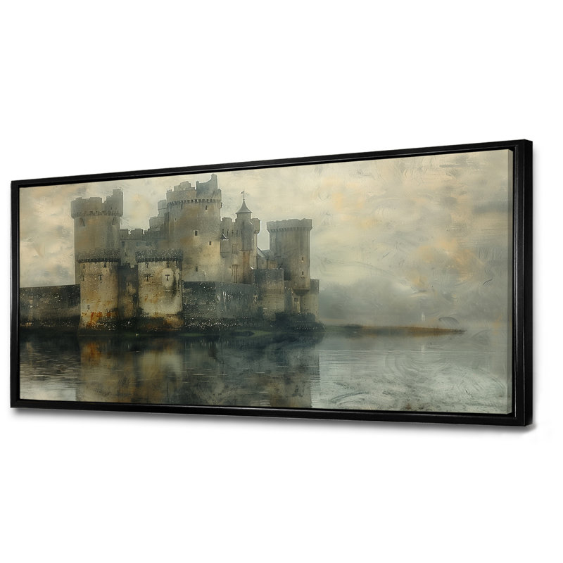 Impression d'art mural gris et beige, château d'hiver médiéval, Toile avec cadre flottant noir, H 28 po x l 60 po x P 1,5 po