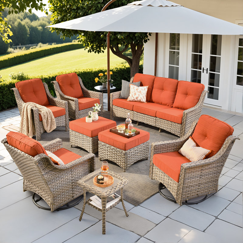 9 - Person Patio Furniture Sofa with Swivel Rockers , Outdoor Wicker Rattan High Back Sofa with Cushions, All Weather Sofa with Ottomans for Garden Backyard