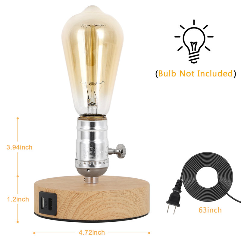 Lampe de table en bois avec 2 ports USB, base de lampe en métal