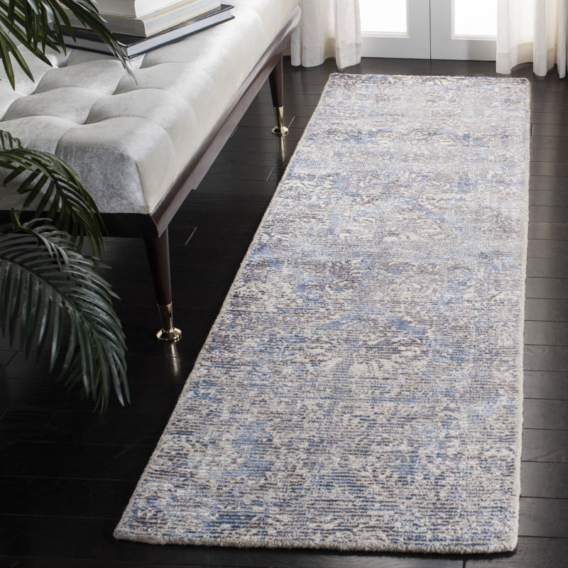 Merseyside Hand Woven Wool/Viscose Oriental Rug in Blue/Ivory, Runner 2'3" x 8'