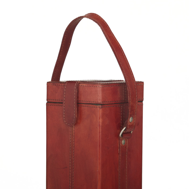 Porte-bouteilles en cuir fait à la main avec poignée, Rouge, H 14,5 po x l 4,6 po x P 4,6 po