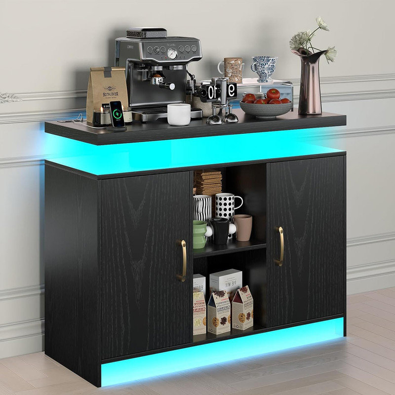 LED Lights Coffee Bar Cabinet with Storage, Sideboard Buffet Cabinet with Charging Station, Black