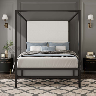 Modern Canopy Bed with Tall Velvet Upholstered Headboard and Sturdy Metal 4-Poster Frame, Requires Box Spring, King Size(Mattress Not Included)