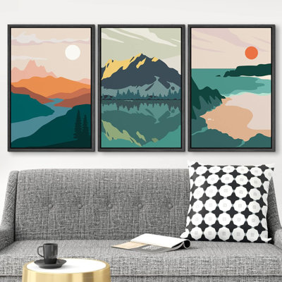 «Vibrant Orange and Green Mountain Landscape», art numérique moderne, impression sur toile, 3 pièces