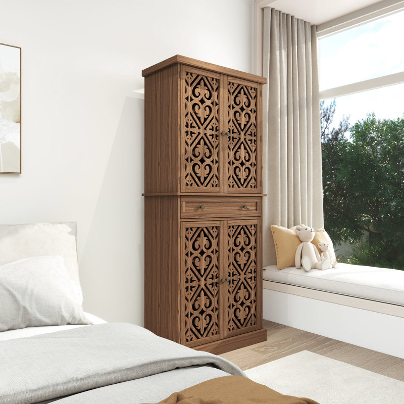Armoire 4 portes en noyer avec 1 tiroir, charge de 210 lb, 4 tablettes réglables, porte symétrique scintillante, installation facile, capacité de rangement étanche et résistante aux rayures, chatoiement intérieur, installation,