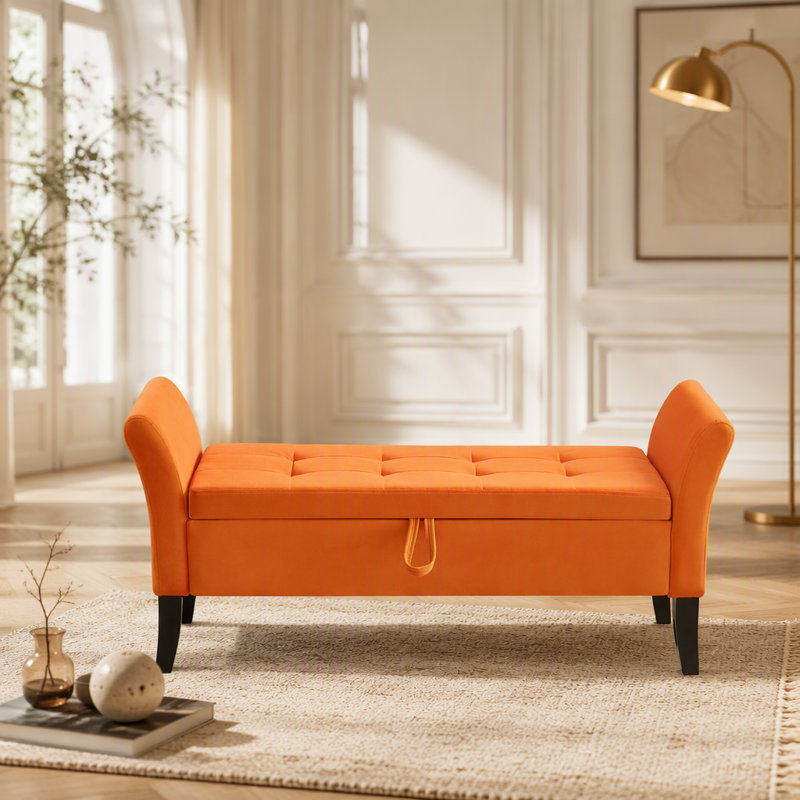 Banc de lit 51,5 po avec rangement en velours orange, Orange, Orange