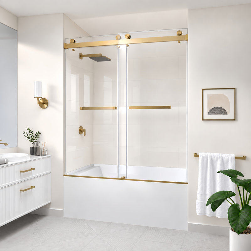 Porte de douche/baignoire coulissante double sans cadre Catalyst 56"-61" L x 66" H, en bronze brossé avec verre clair de 3/8".