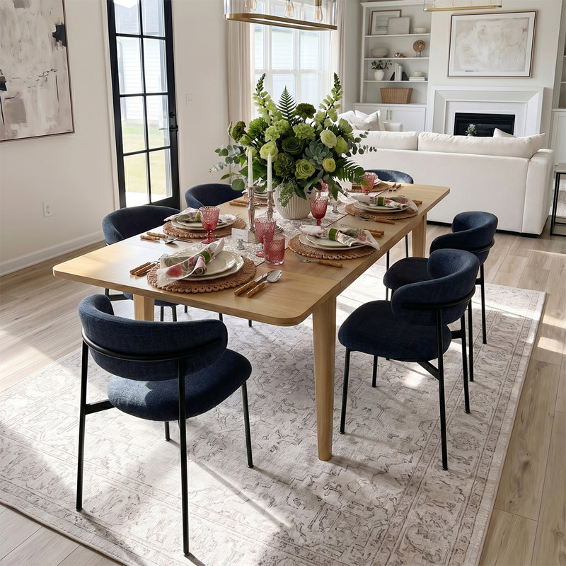Modern 7-Piece Extendable Dining Set With Rectangular Wood Table And Upholstered Curved Back Chairs, Blue