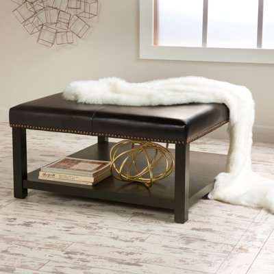 Grand banc de repose-pieds carré, table basse avec repose-pieds en simili cuir et pieds en bois massif, repose-pieds surdimensionné pour le salon