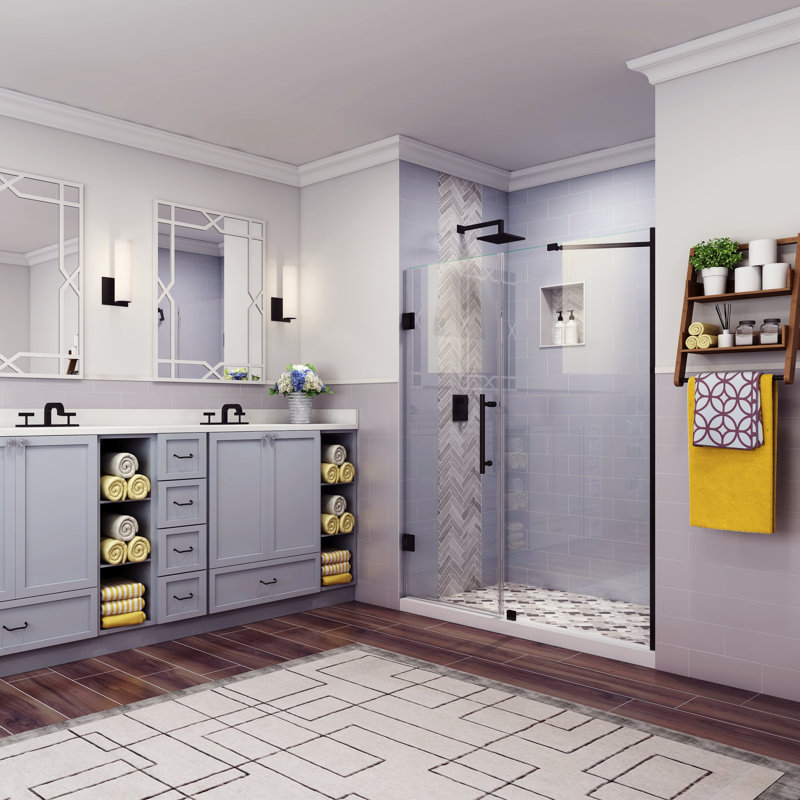 Belmore 73.25" x 72"  Hinged Frameless Shower Door, Clear, Matte Black